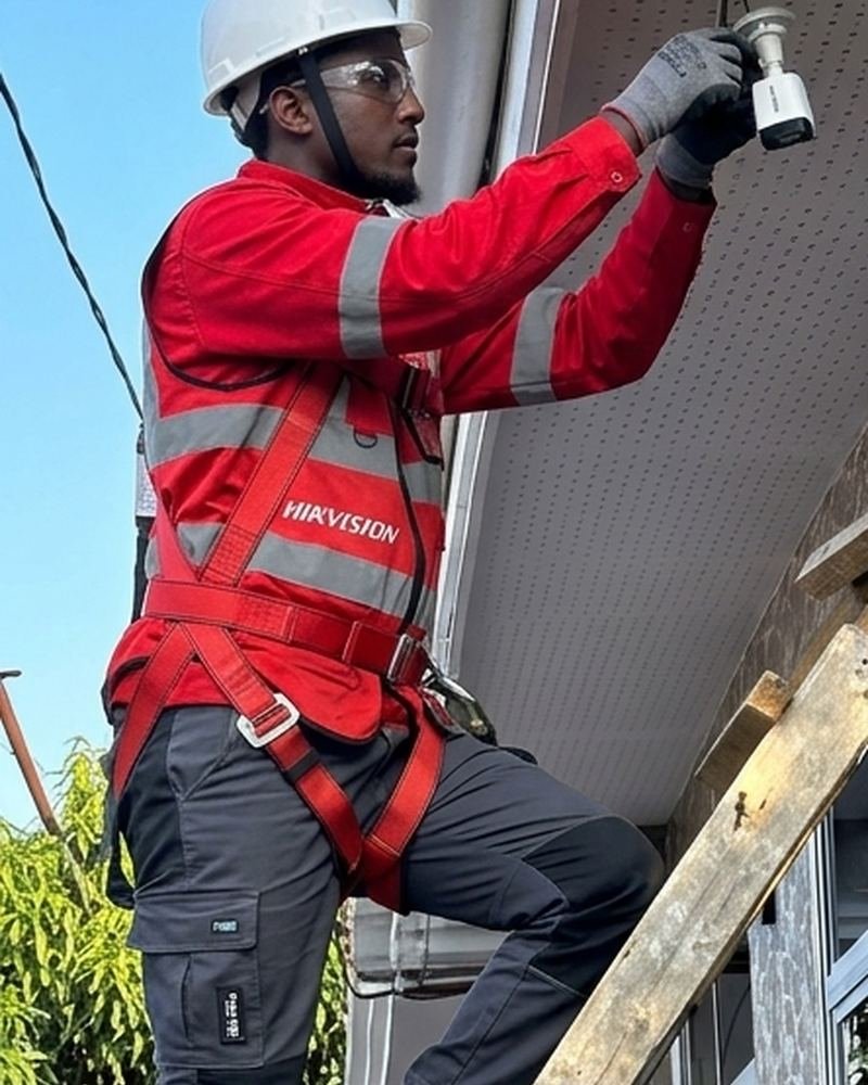 A technician in a red Hikvision uniform fitting a camera under a roof edge
