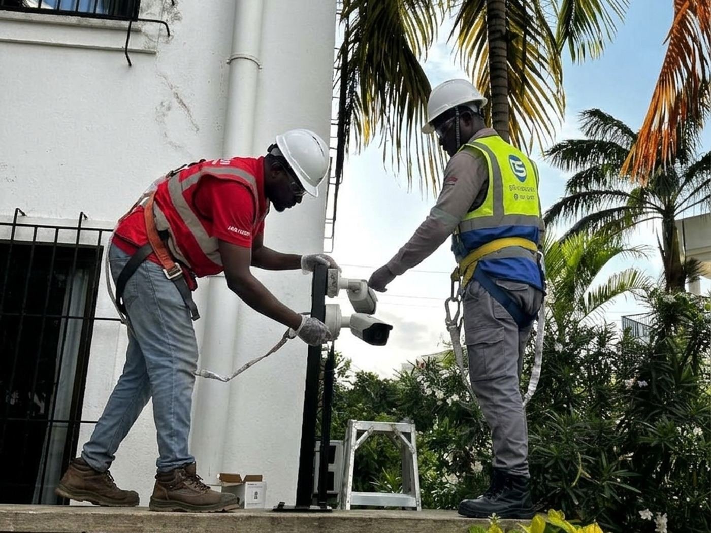 Two technicians, one in a CS vest, fixing CCTV cameras to a pole in a garden