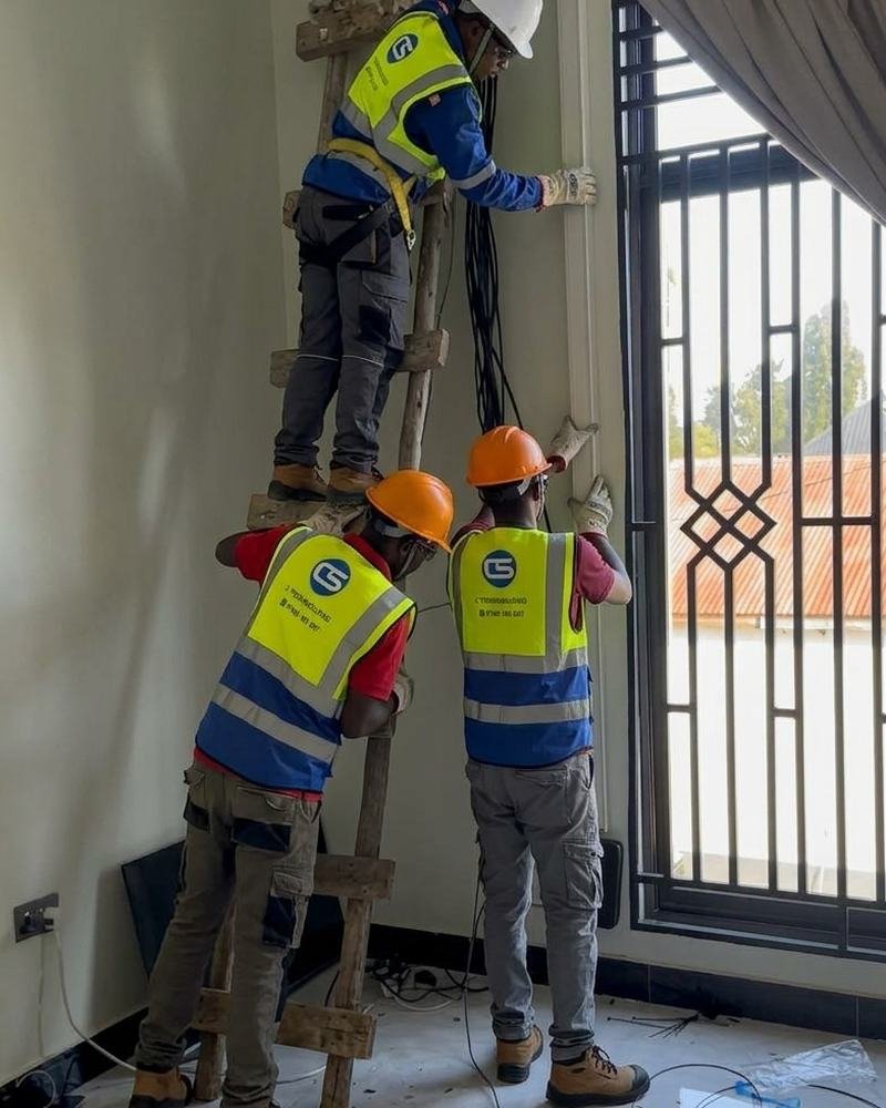 Three technicians running cables up a wall