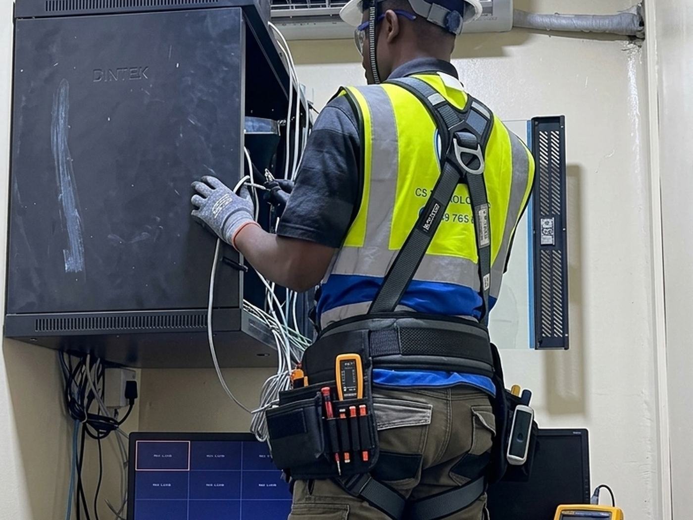 A technician in a safety harness working on a network cabinet