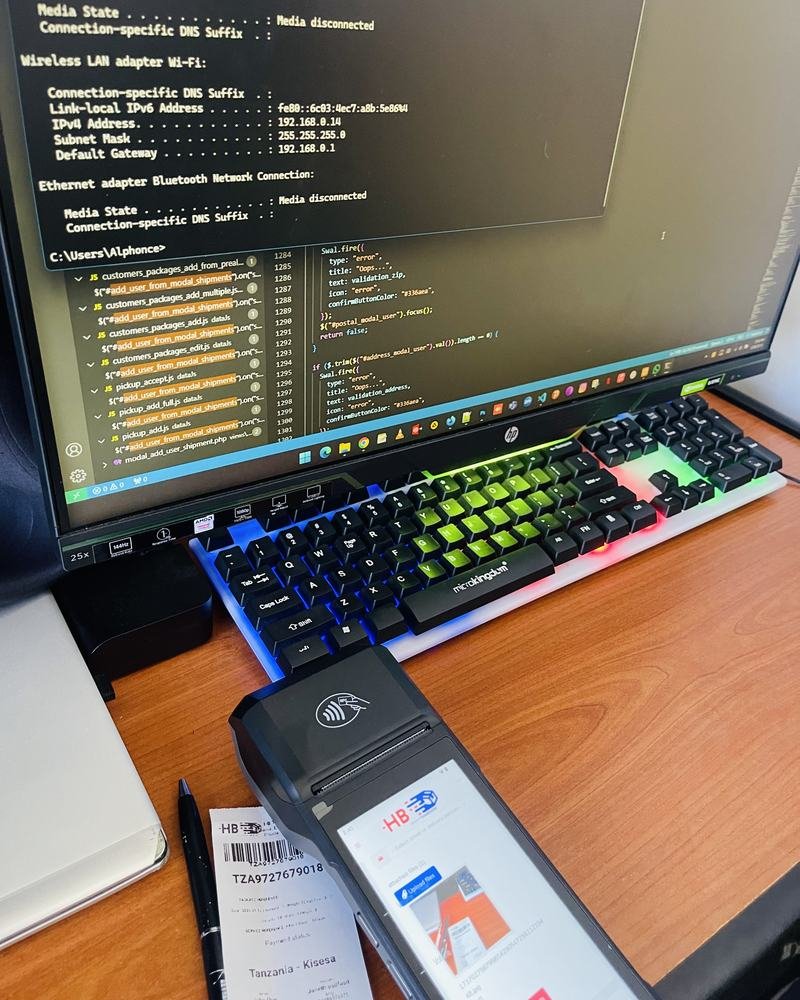 A handheld POS device with a printed receipt
